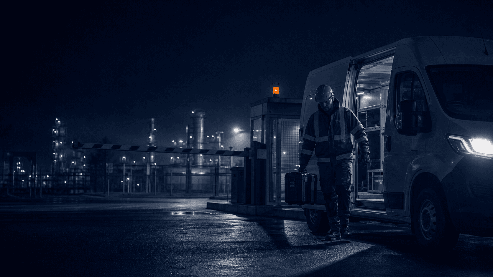A WorkTrax mobile testing unit arriving at a job site at night